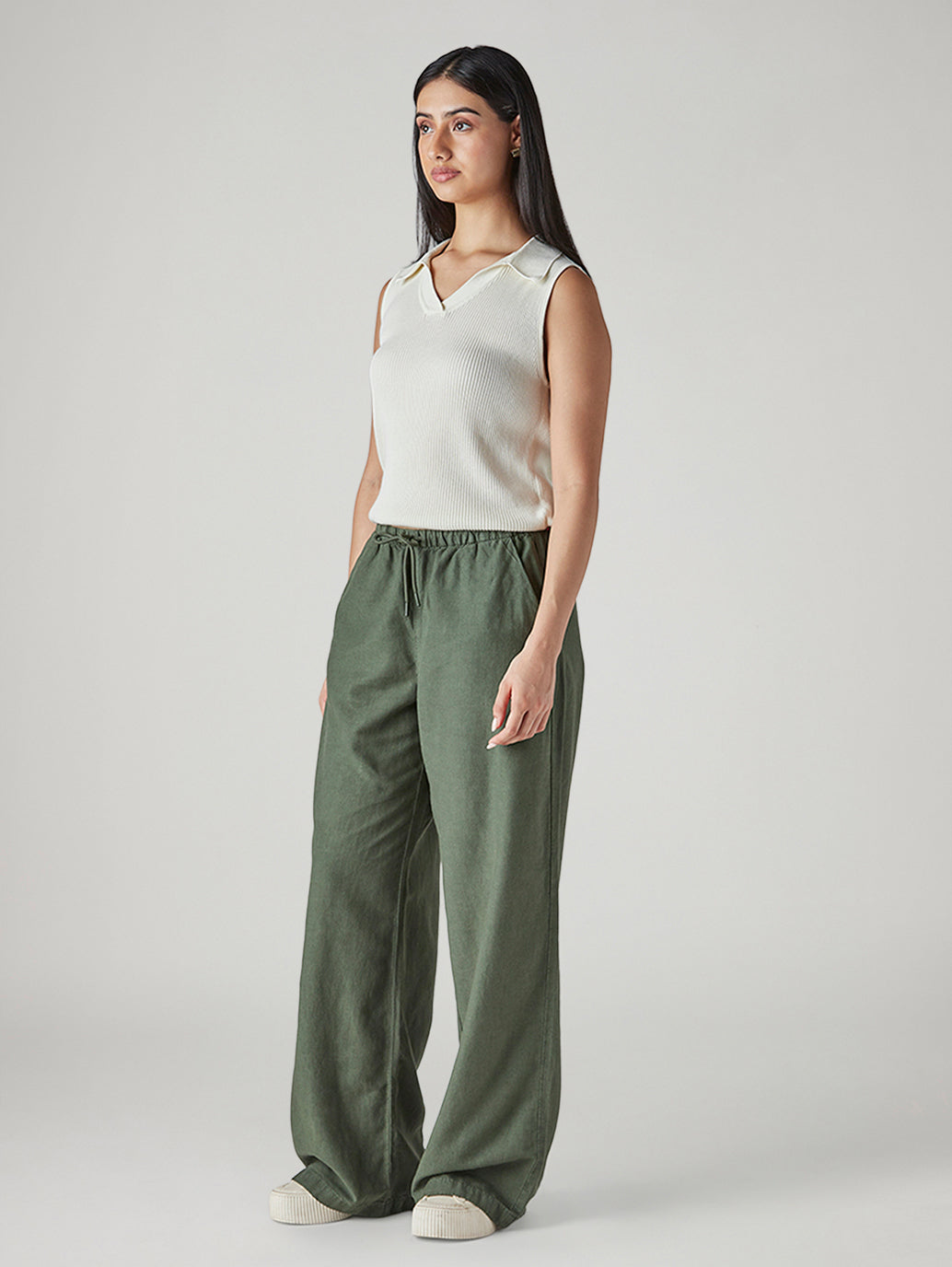 Women's Olive XL Straight Loose Fit Mid Rise Trousers - Side View