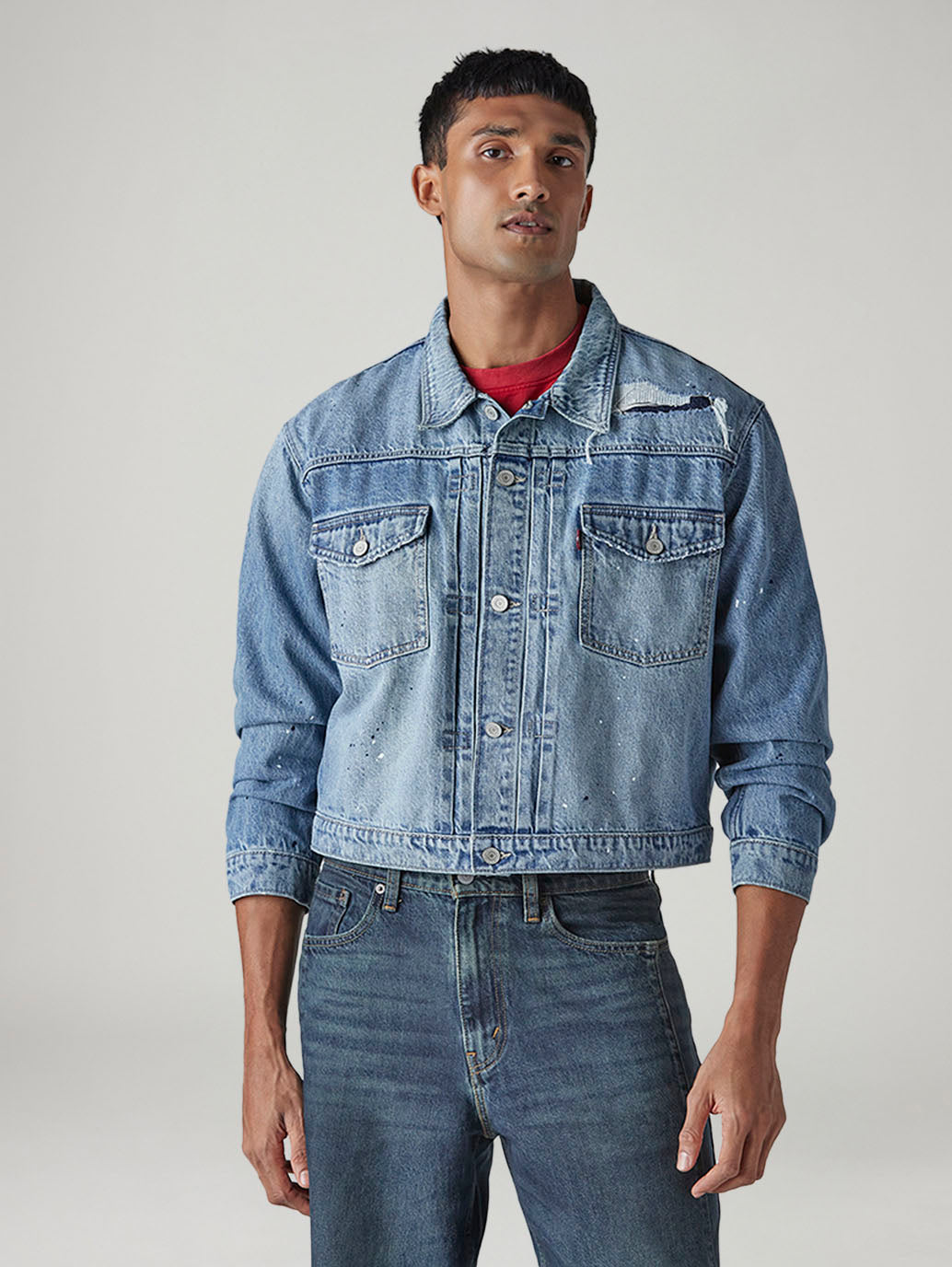 Men's Solid Regular Fit Denim Trucker Jacket - Front View