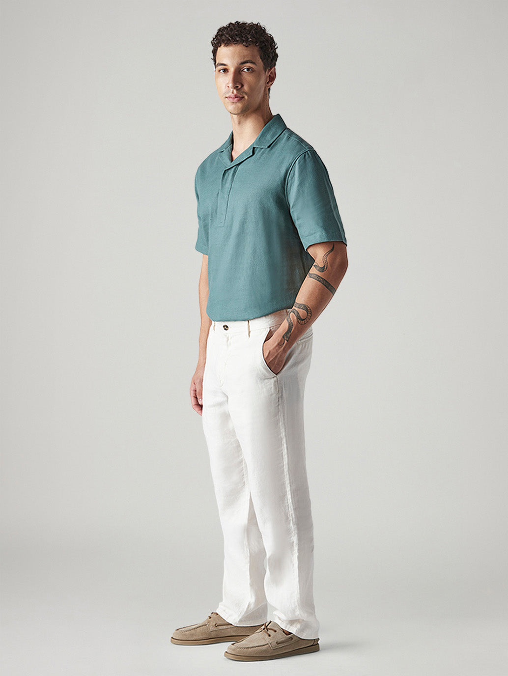 Men's White Authentic Relaxed Fit Mid Rise Linen Chinos - Side View