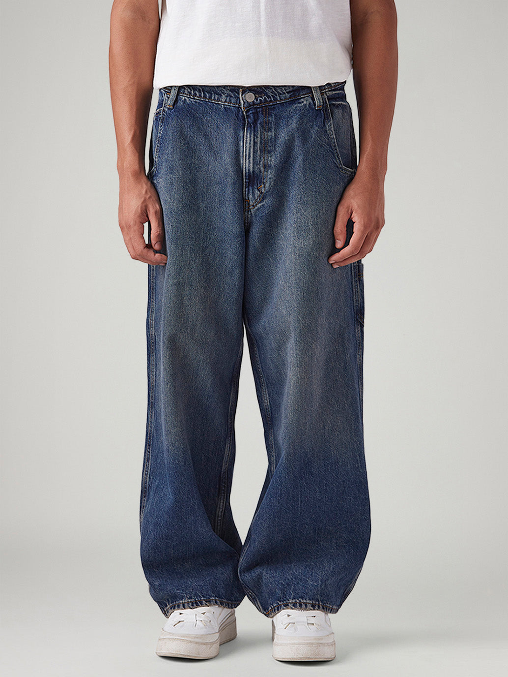Men's Blue Extra Baggy Loose Fit Mid Rise Jeans - Front View