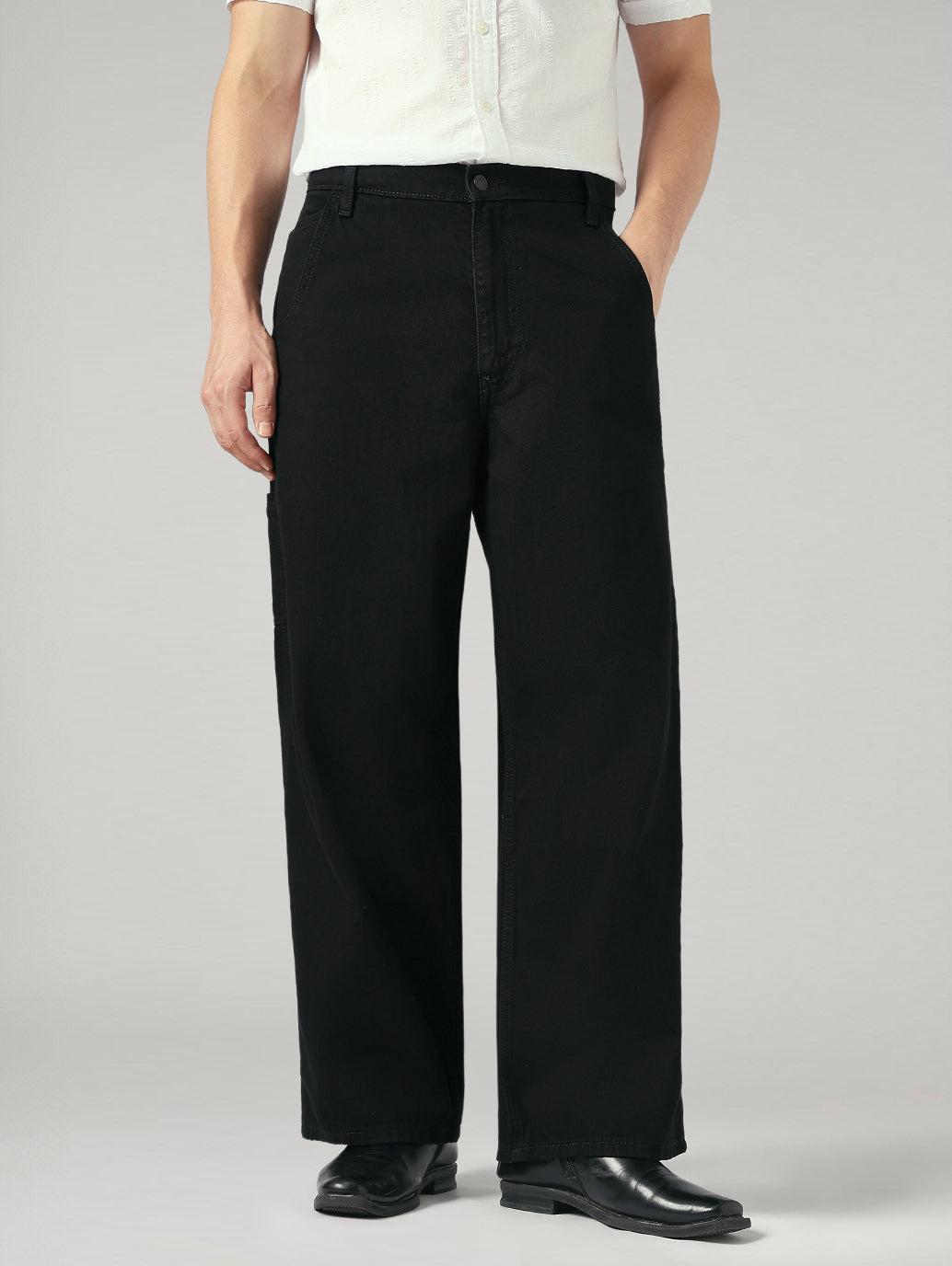 Men's Black Extra Baggy Fit Mid Rise Utility Jeans - Front View