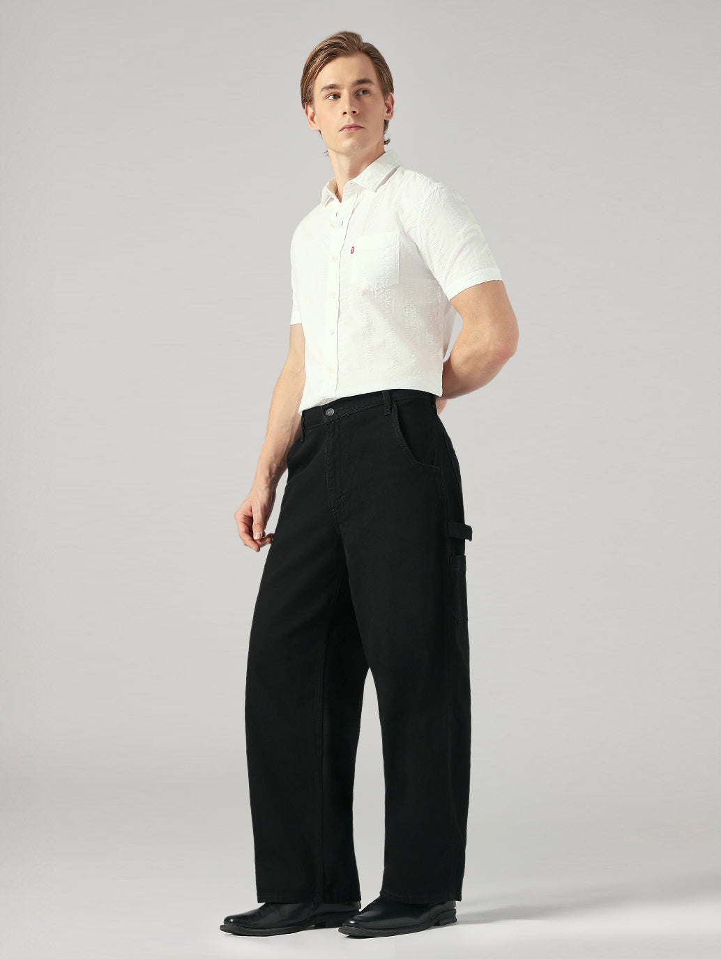 Men's Black Extra Baggy Fit Mid Rise Utility Jeans - Side View