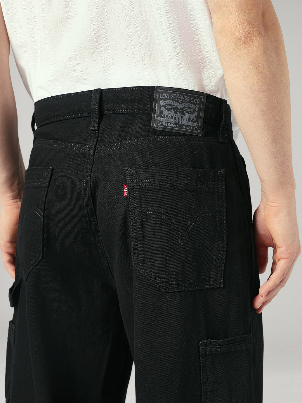 Men's Black Extra Baggy Fit Mid Rise Utility Jeans - Detail View