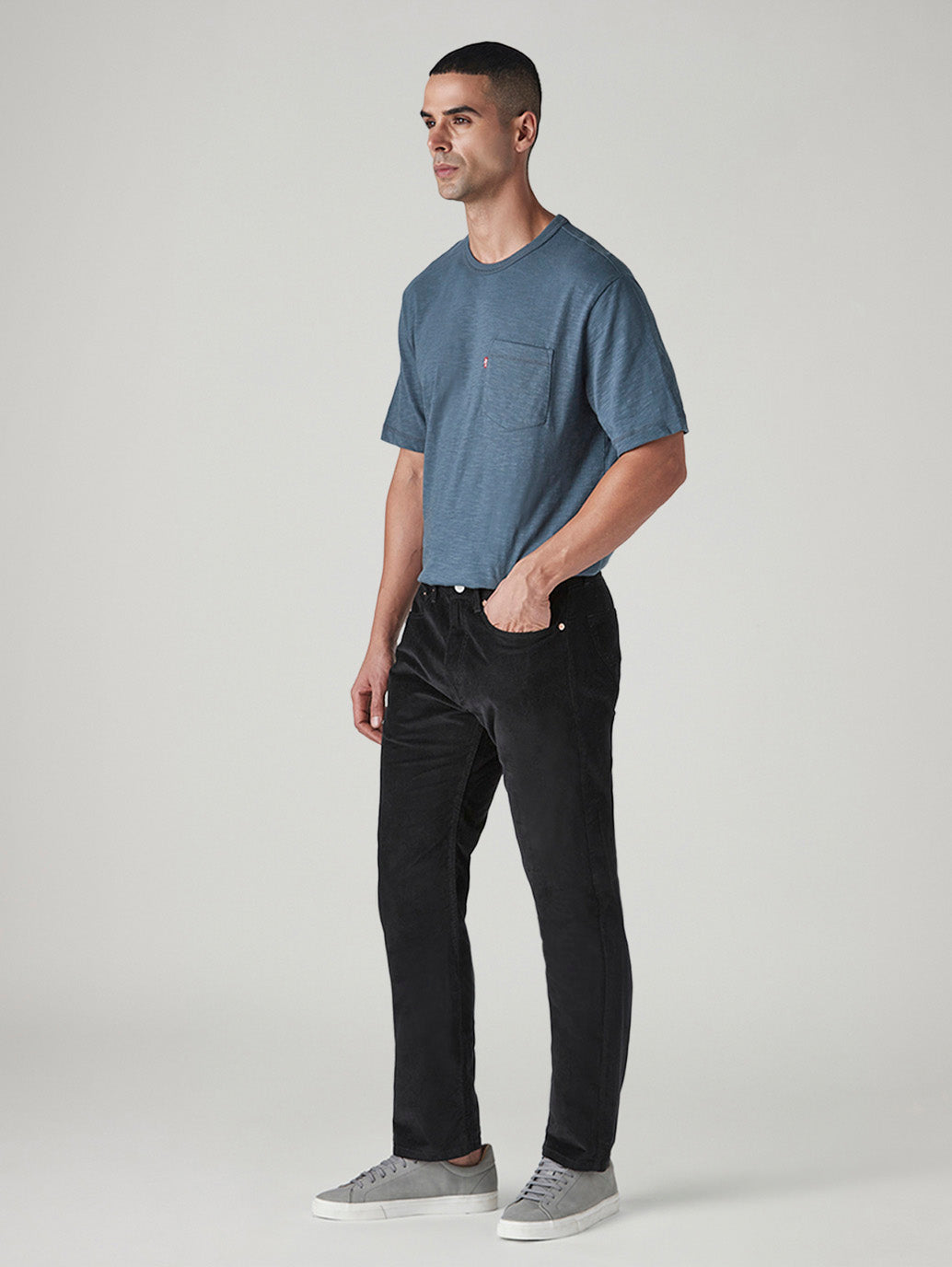 Men's Black Authentic Relaxed Straight Fit Mid Rise Corduroy Chinos - Side View