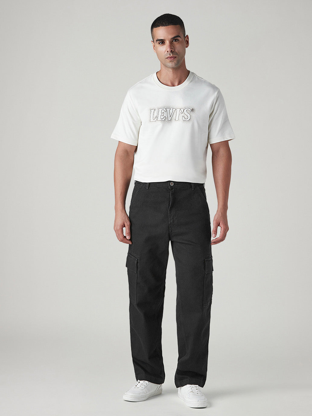 Men's 568 Black Loose Fit Mid Rise Cargos - Front View