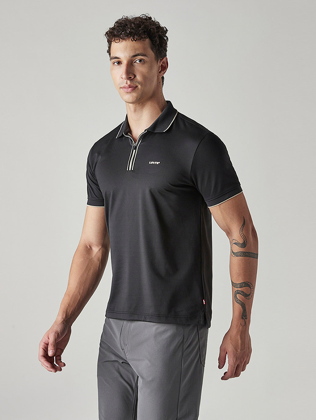Men's Solid Black Tech Polo T-shirt - Side View