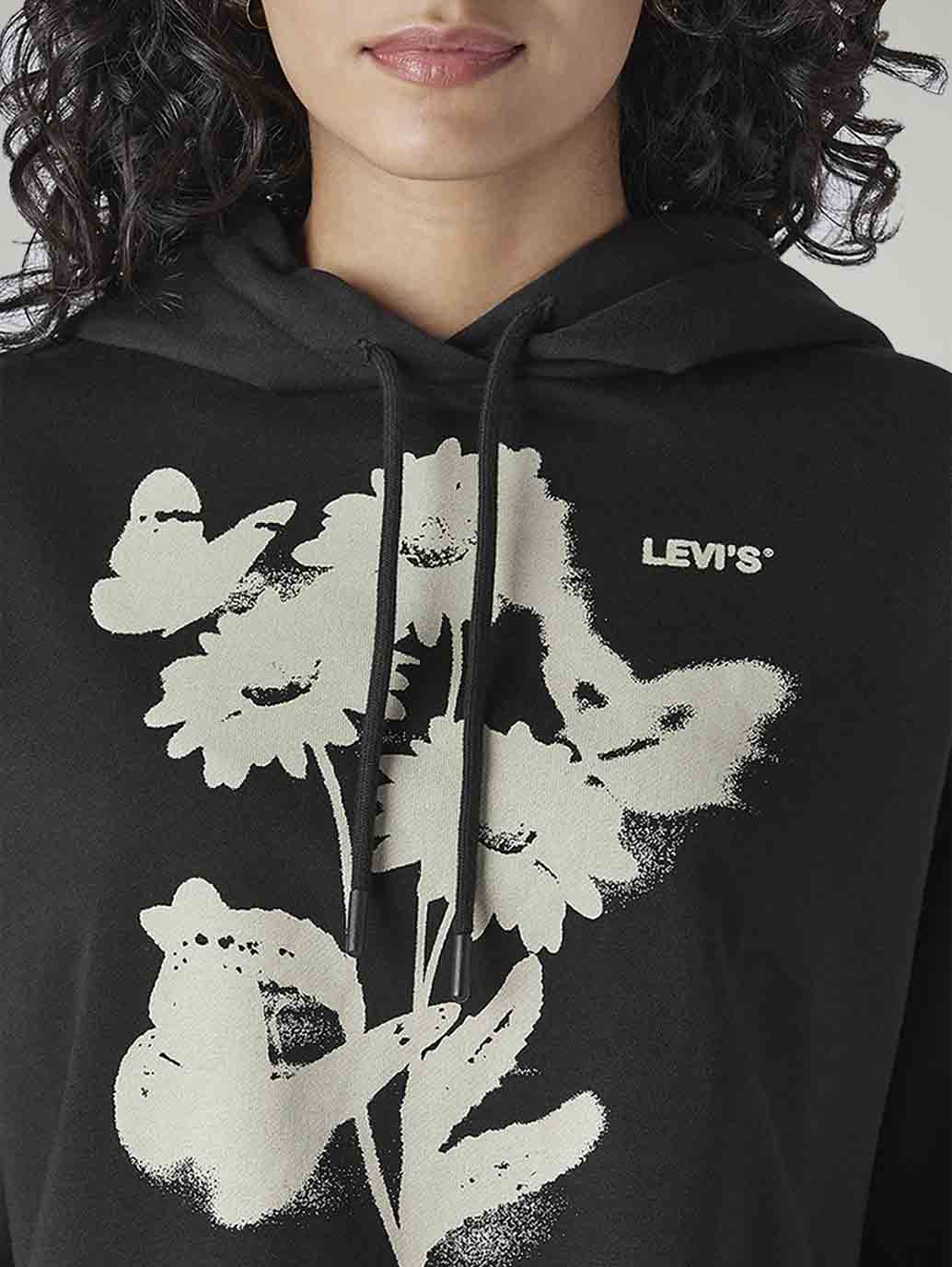 Women's Graphic Print Black Hooded Sweatshirt - Detail View