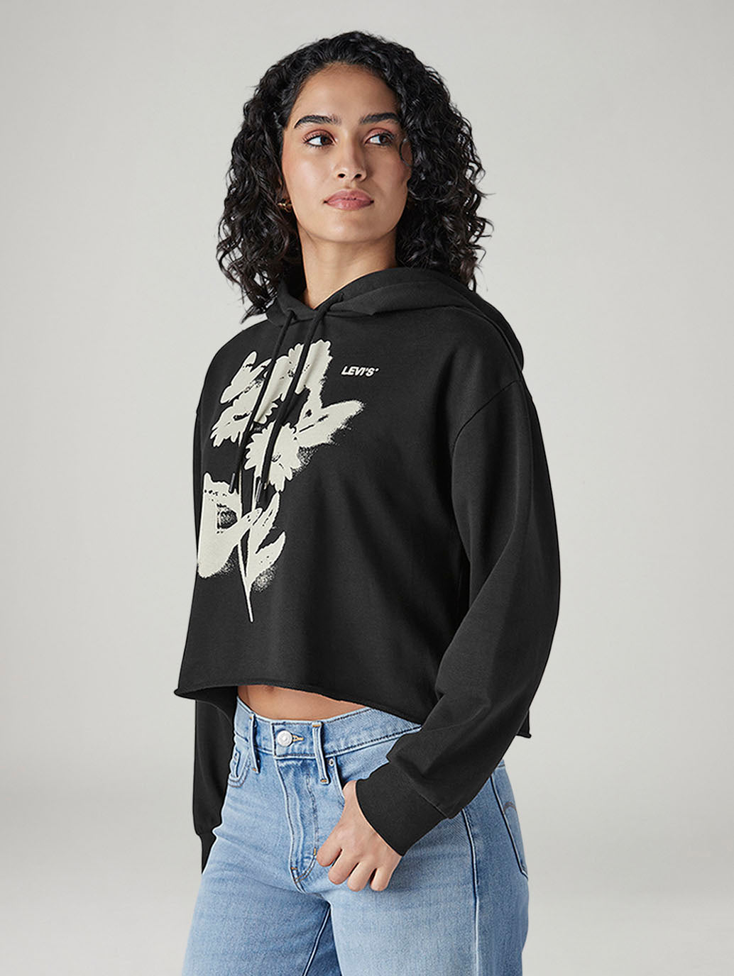 Women's Graphic Print Black Hooded Sweatshirt - Side View