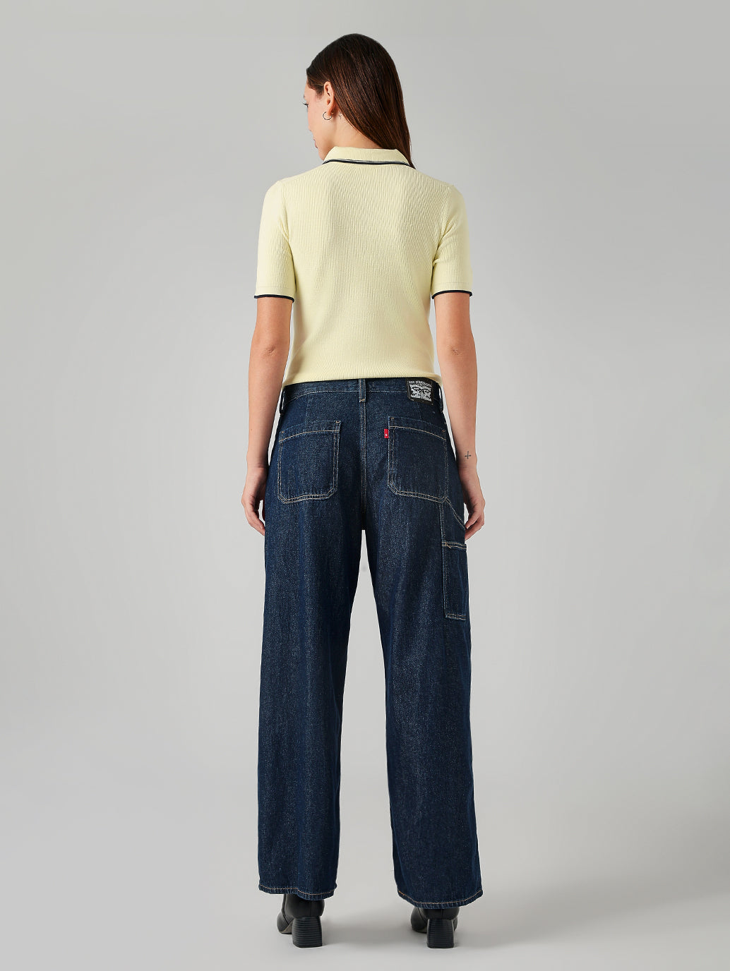 Women's Dark Blue XL Straight Loose Fit Mid Rise Cargo Jeans - Back View