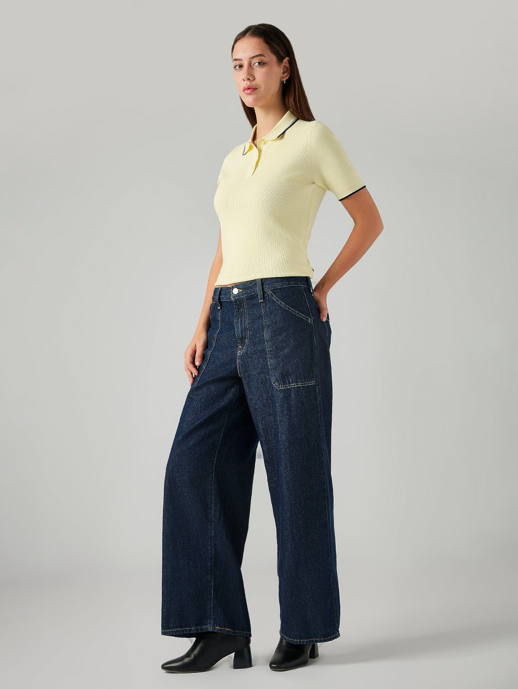 Women's Dark Blue XL Straight Loose Fit Mid Rise Cargo Jeans - Side View