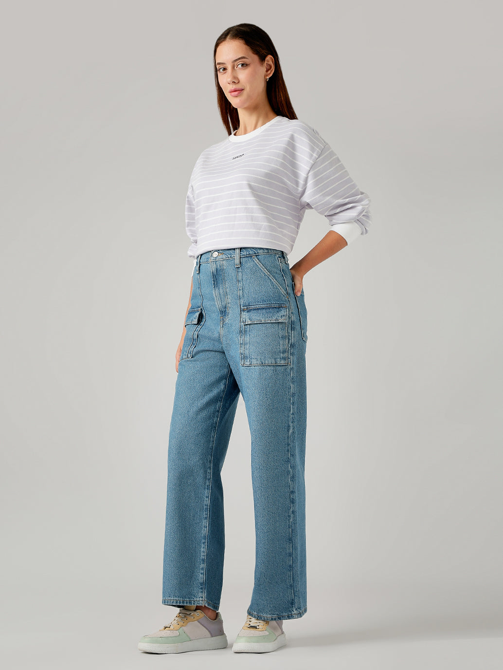 Women's Blue Loose Fit High Rise Cargo Jeans - Side View