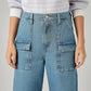 Women's Blue Loose Fit High Rise Cargo Jeans - Detail View
