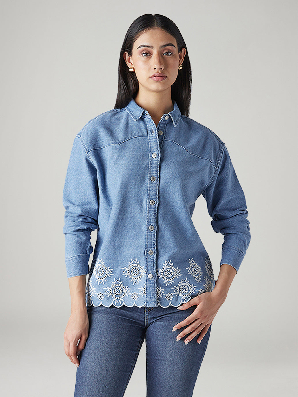 Women's Embroidered Relaxed Fit Shirt - Front View