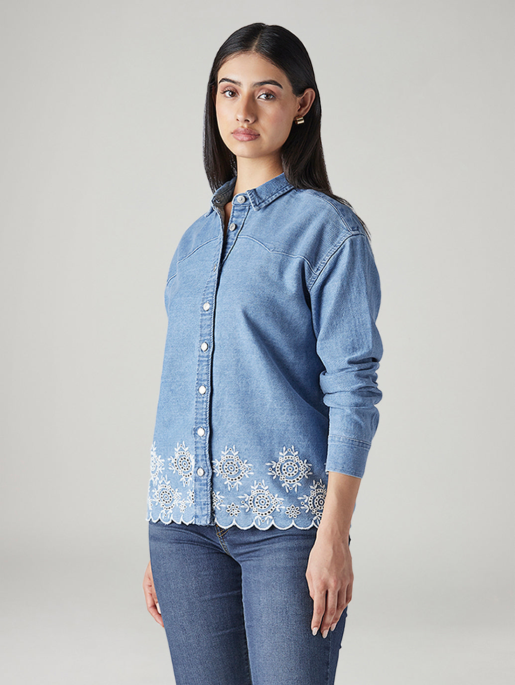 Women's Embroidered Relaxed Fit Shirt - Side View