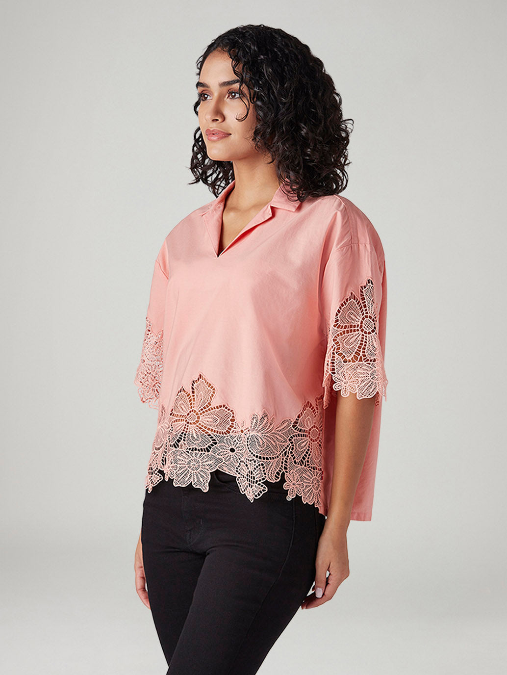 Women's Zari Peach Notched Lapel Top - Side View