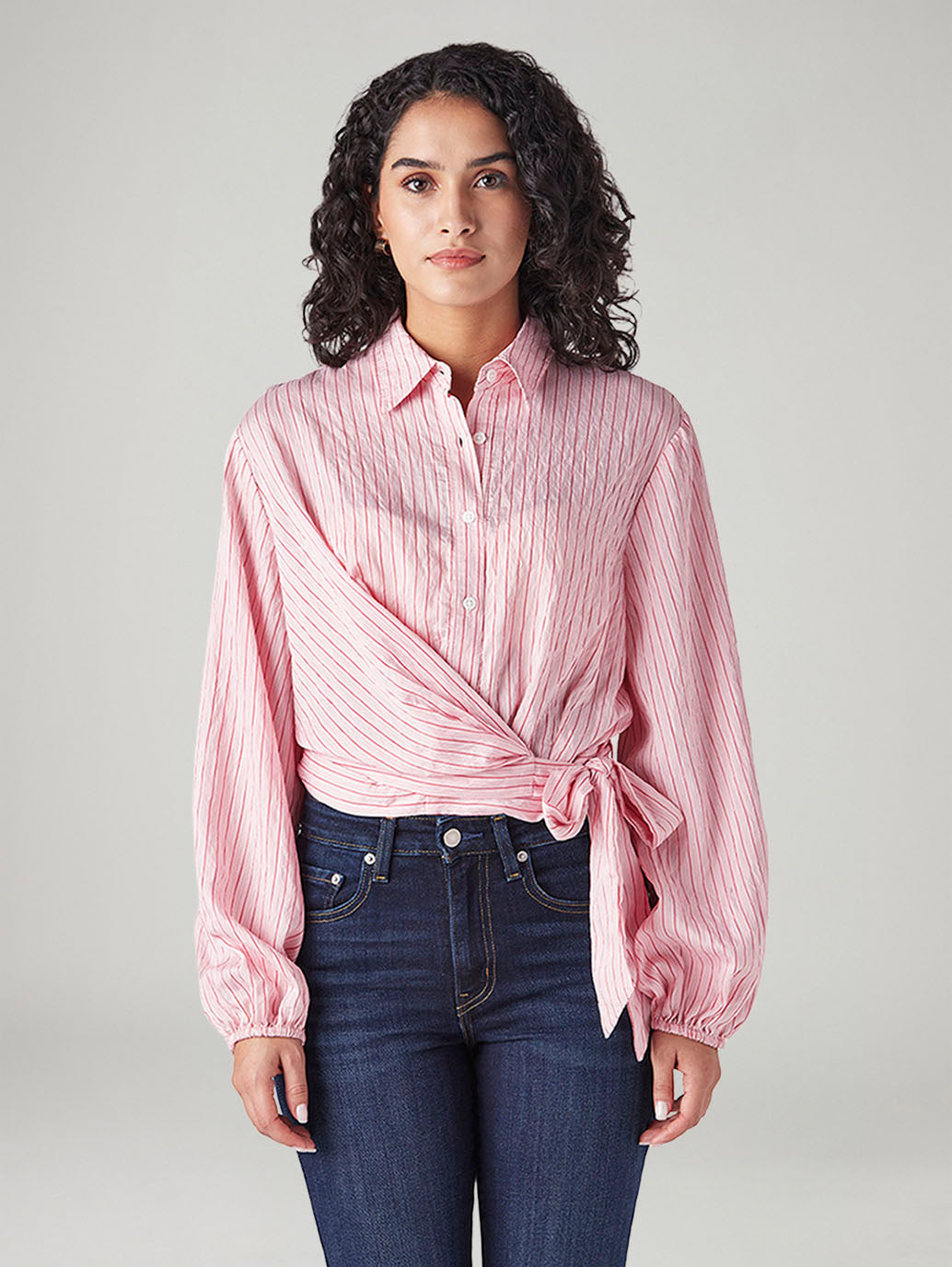 Women's Striped Pink Spread Collar Shirt - Front View