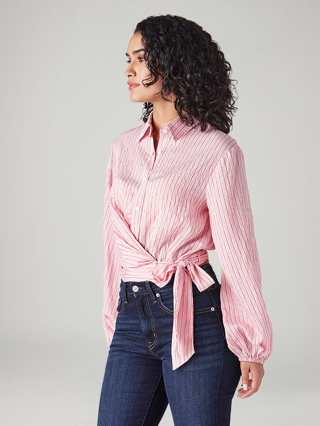 Women's Striped Pink Spread Collar Shirt - Side View