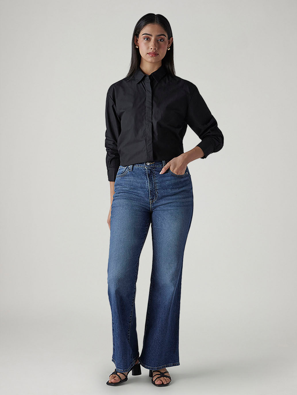 Women's Med Indigo Ribcage Flared Fit High Rise Jeans - 20 View