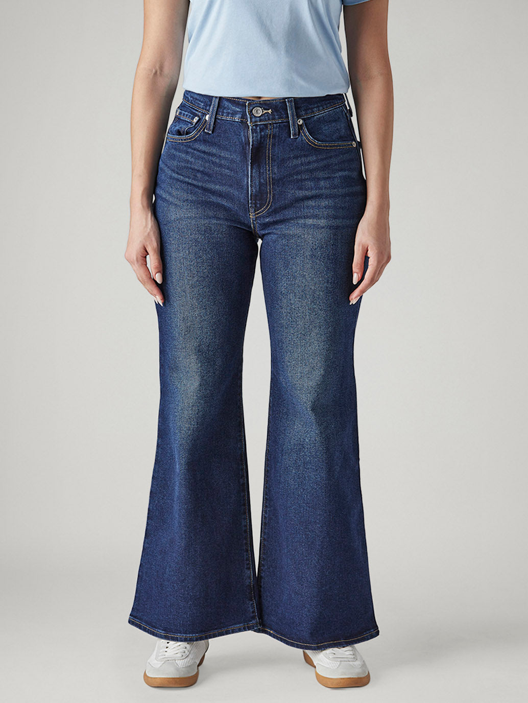 Women's Dark Blue Ribcage Flared Fit High Rise Jeans - Front View