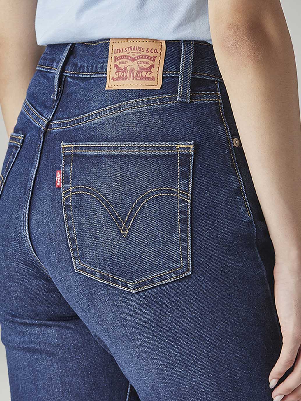 Women's Dark Blue Ribcage Flared Fit High Rise Jeans - Detail View