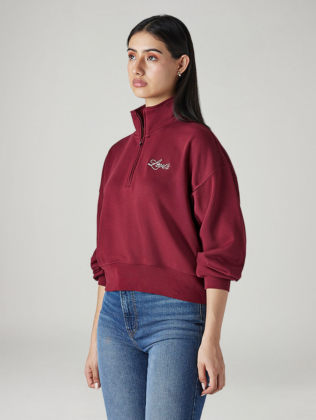 Women's Solid Maroon Mock Neck Sweatshirt - 20 View