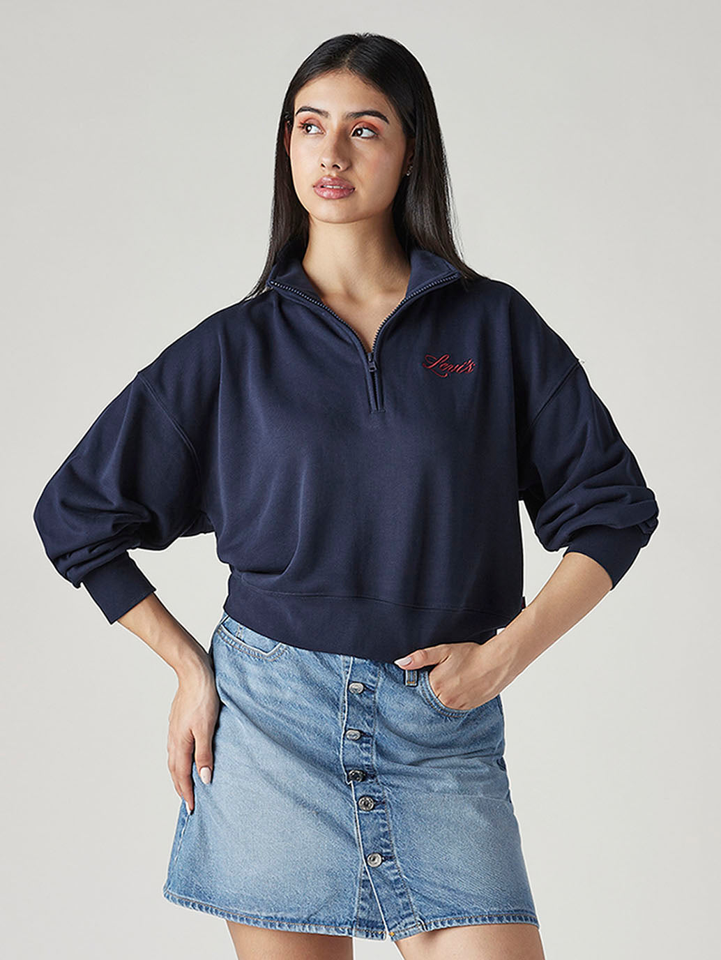 Women's Solid Navy Mock Neck Sweatshirt