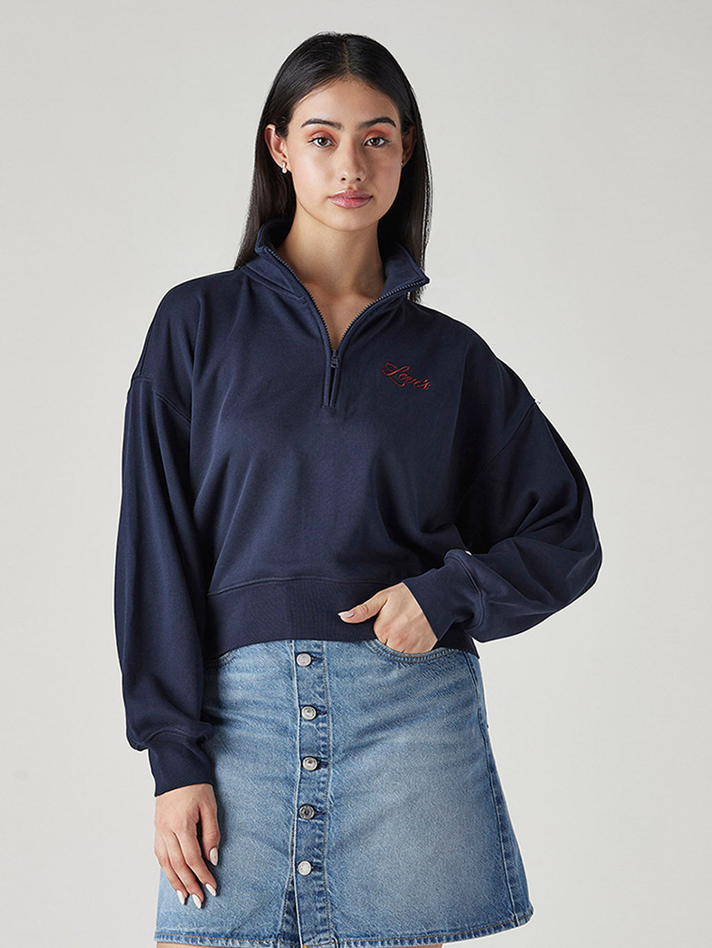 Women's Solid Navy Mock Neck Sweatshirt - Front View