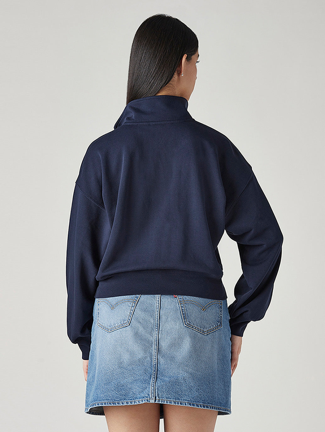 Women's Solid Navy Mock Neck Sweatshirt - Back View
