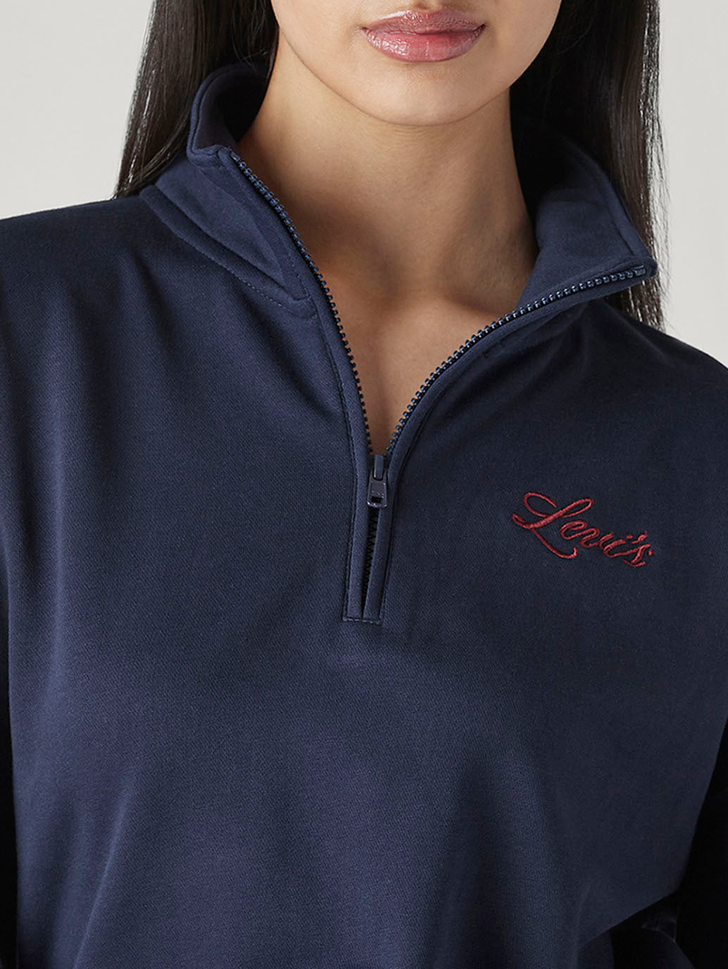Women's Solid Navy Mock Neck Sweatshirt - Detail View