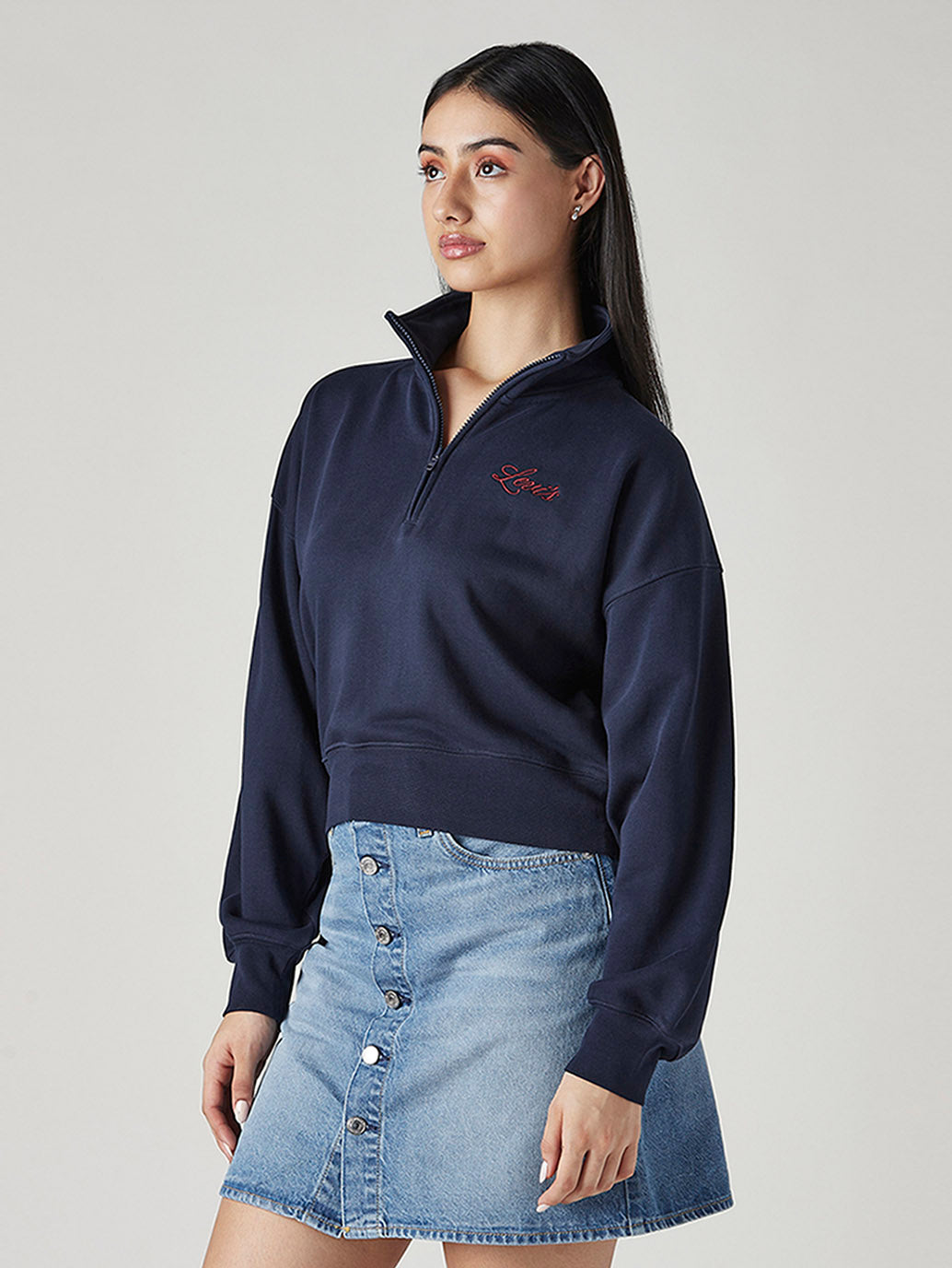 Women's Solid Navy Mock Neck Sweatshirt - Side View