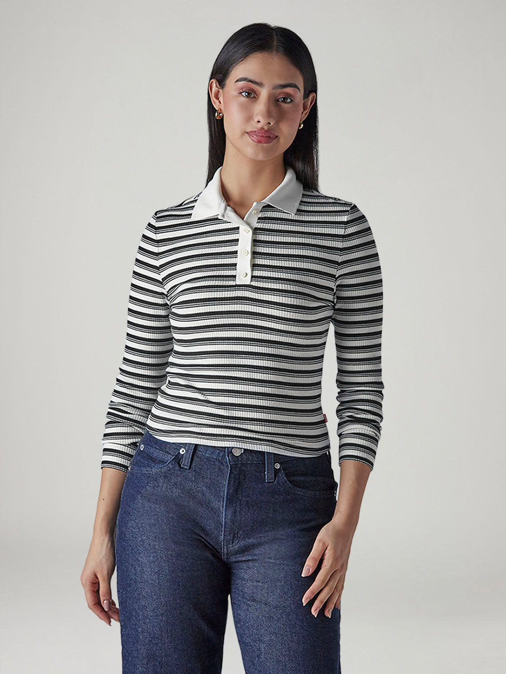 Women's Striped Black Slim Fit Ribbed T-shirt - Front View