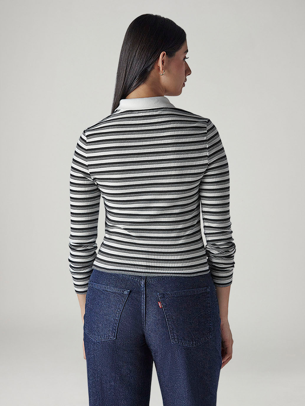 Women's Striped Black Slim Fit Ribbed T-shirt - Back View