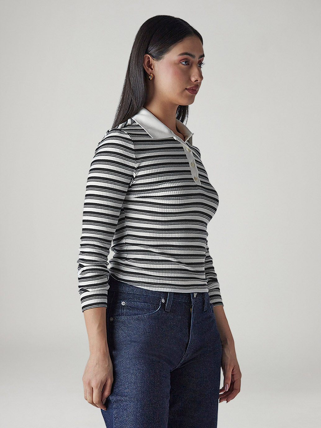 Women's Striped Black Slim Fit Ribbed T-shirt - Side View