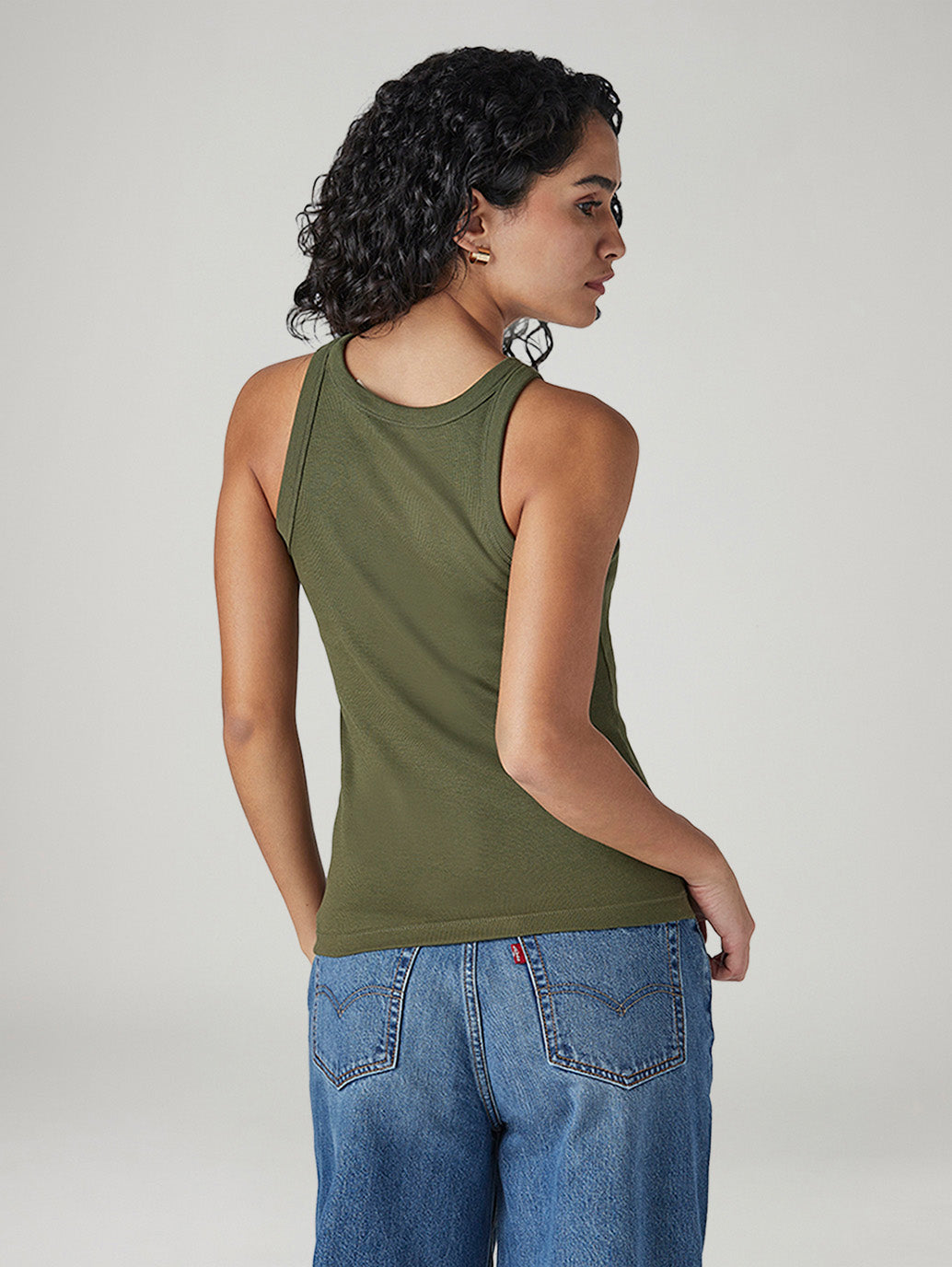Women's Solid Olive Racer Back Ribbed Top - Back View