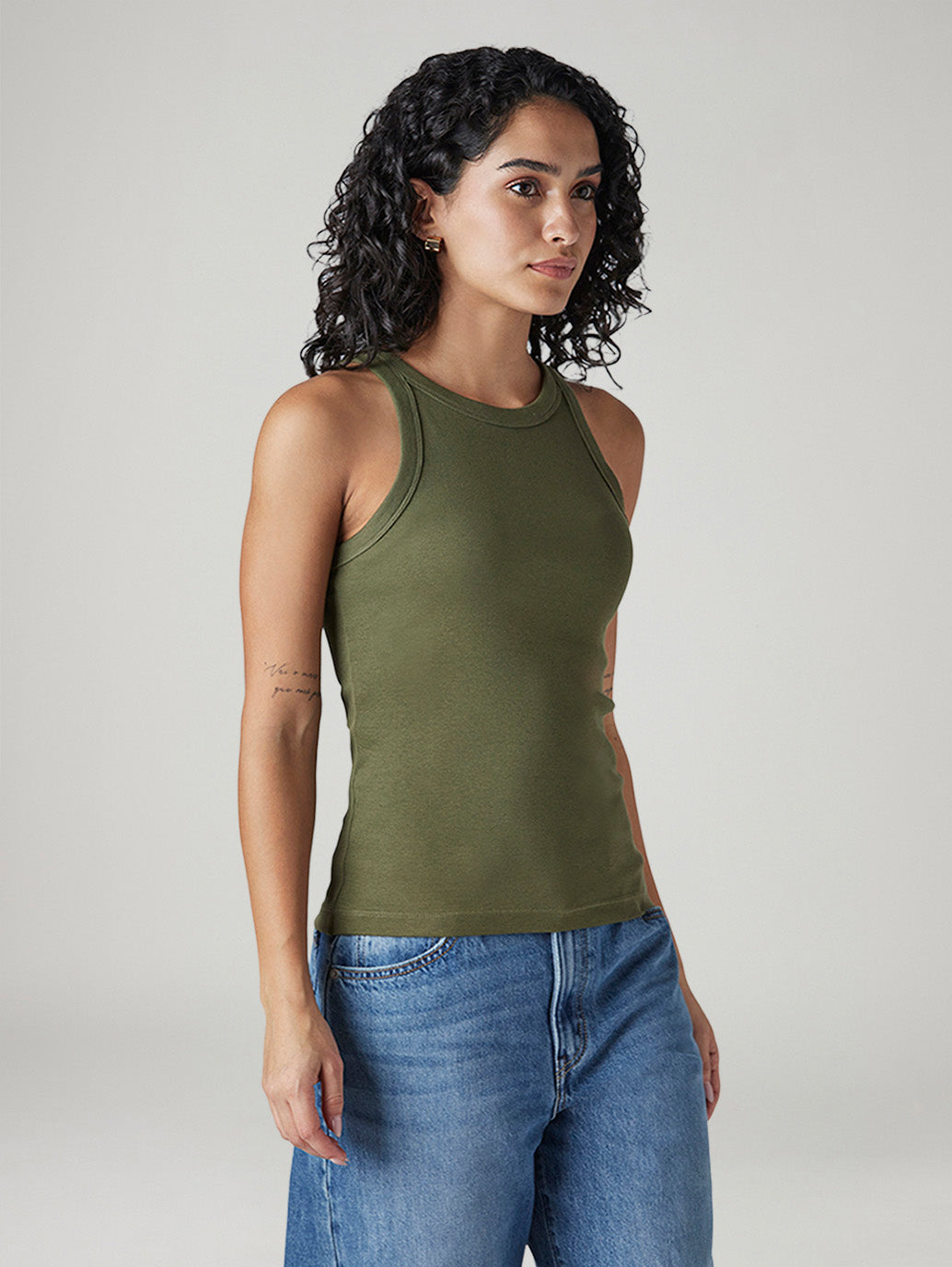 Women's Solid Olive Racer Back Ribbed Top - Side View