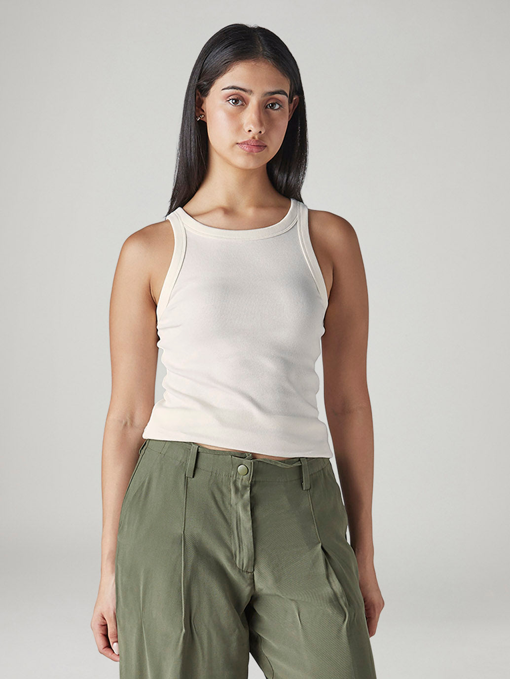 Women's Solid Off White Racer Back Ribbed Top
