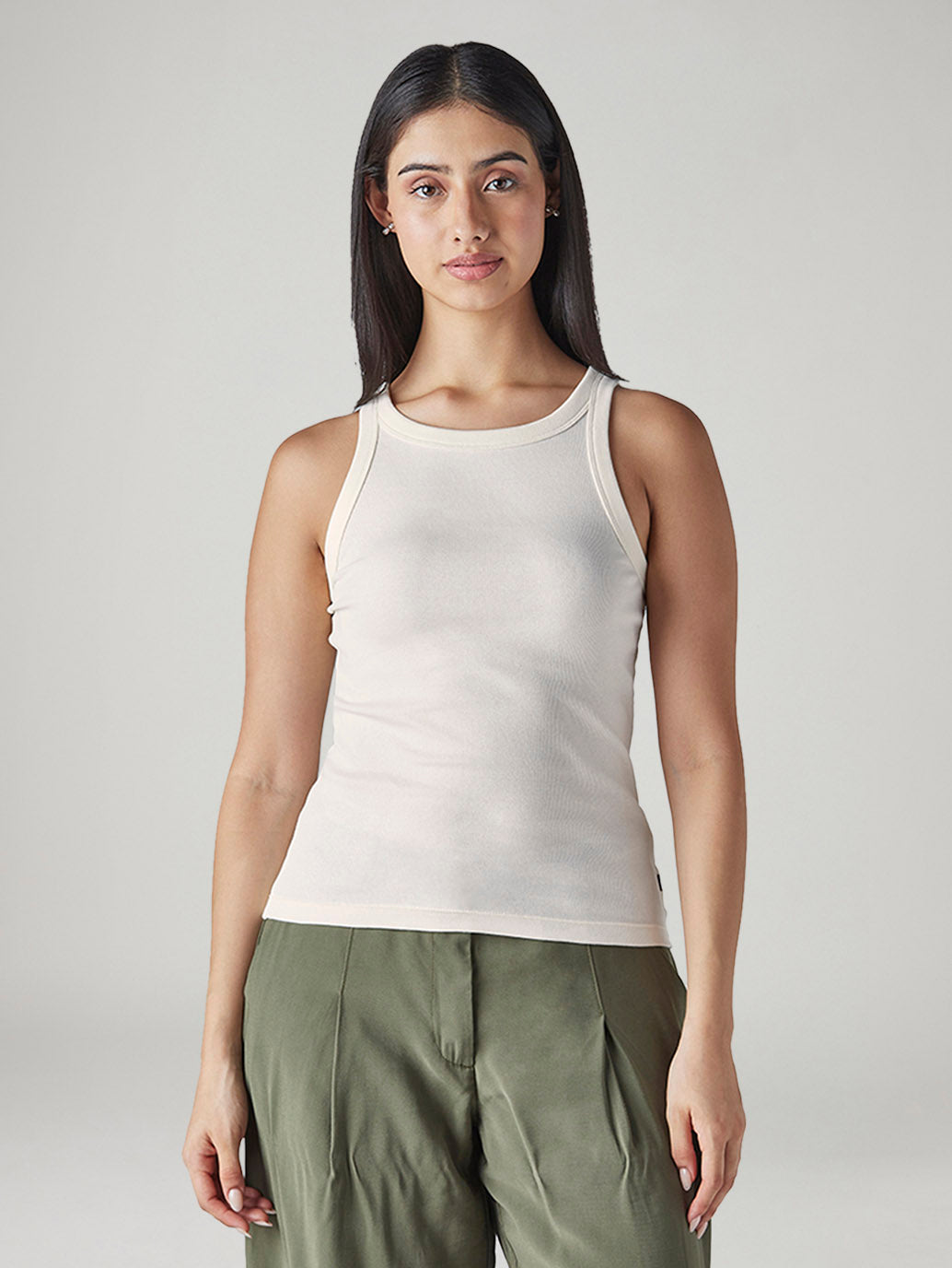 Women's Solid Off White Racer Back Ribbed Top - Front View