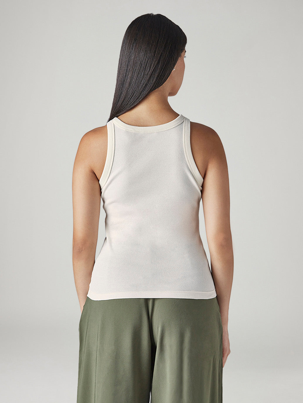 Women's Solid Off White Racer Back Ribbed Top - Back View