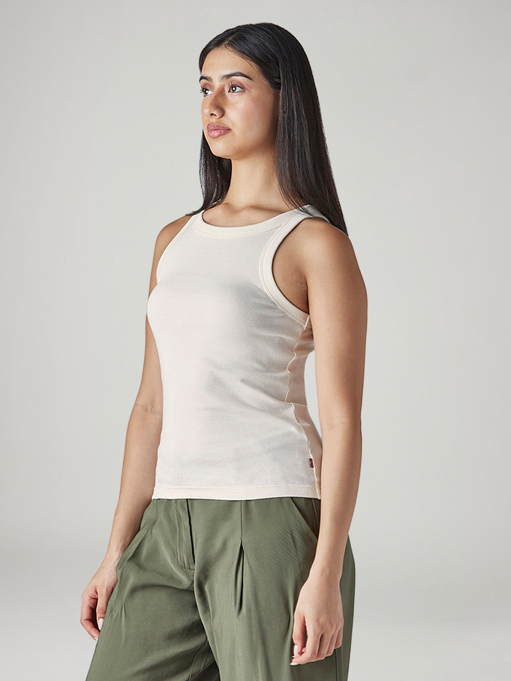Women's Solid Off White Racer Back Ribbed Top - Side View