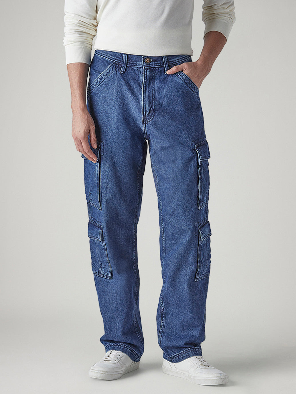 Men's 568 Blue Loose Fit Mid Rise Cargos - Front View