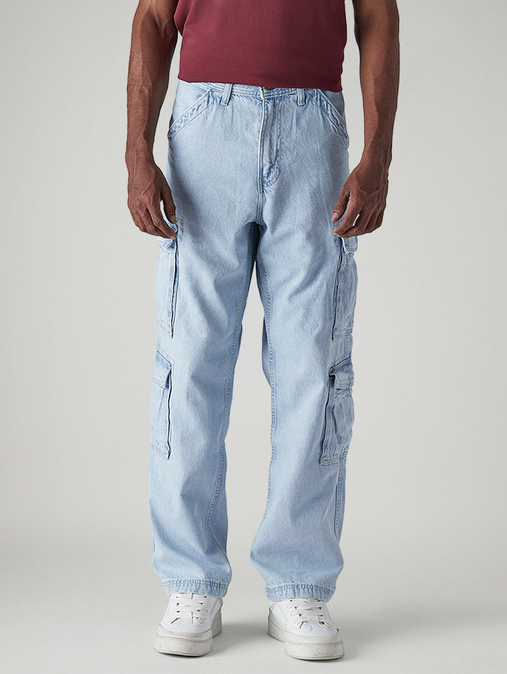 Men's 568 Light Blue Loose Fit Mid Rise Cargos - Front View