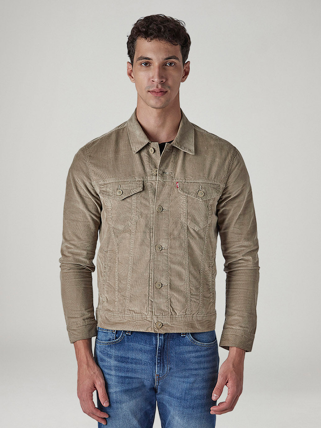 Men's Solid Regular Fit Corduroy Denim Jacket - Front View