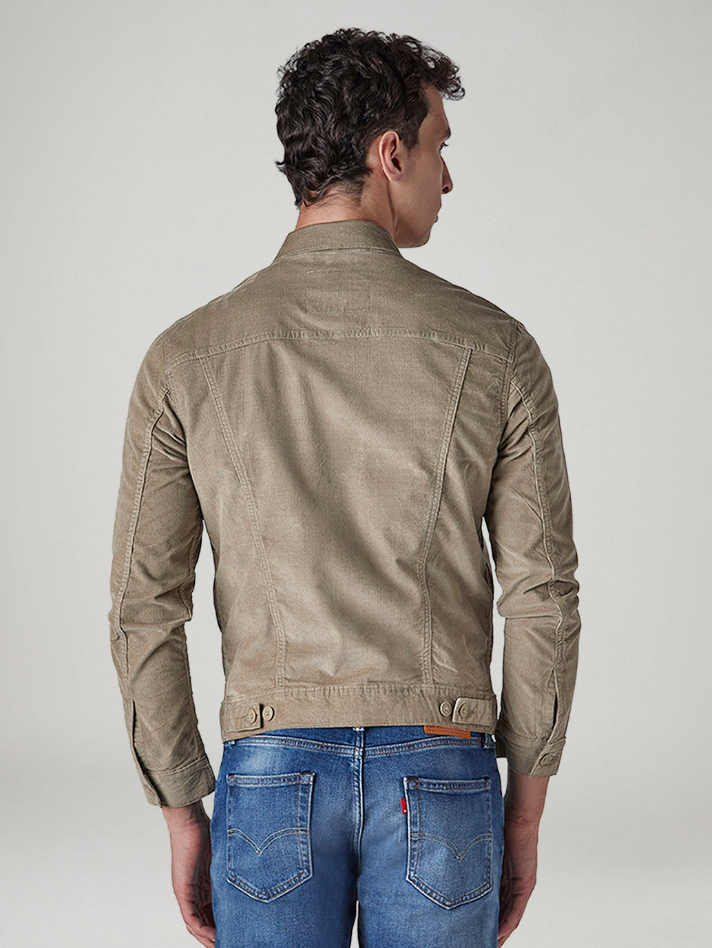 Men's Solid Regular Fit Corduroy Denim Jacket - Back View