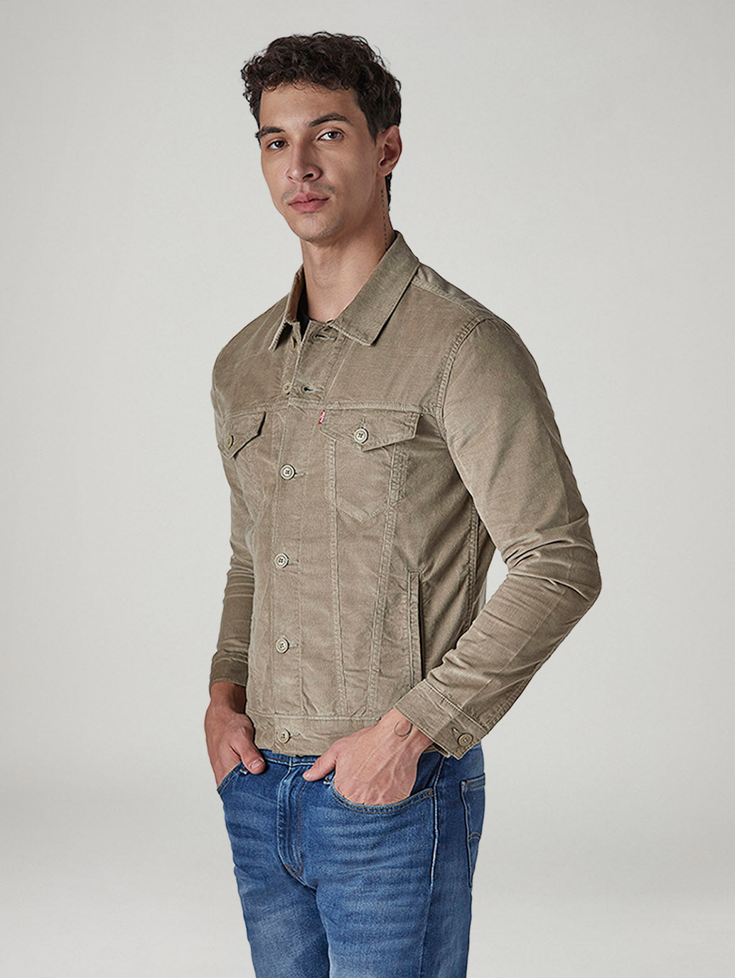 Men's Solid Regular Fit Corduroy Denim Jacket - Side View