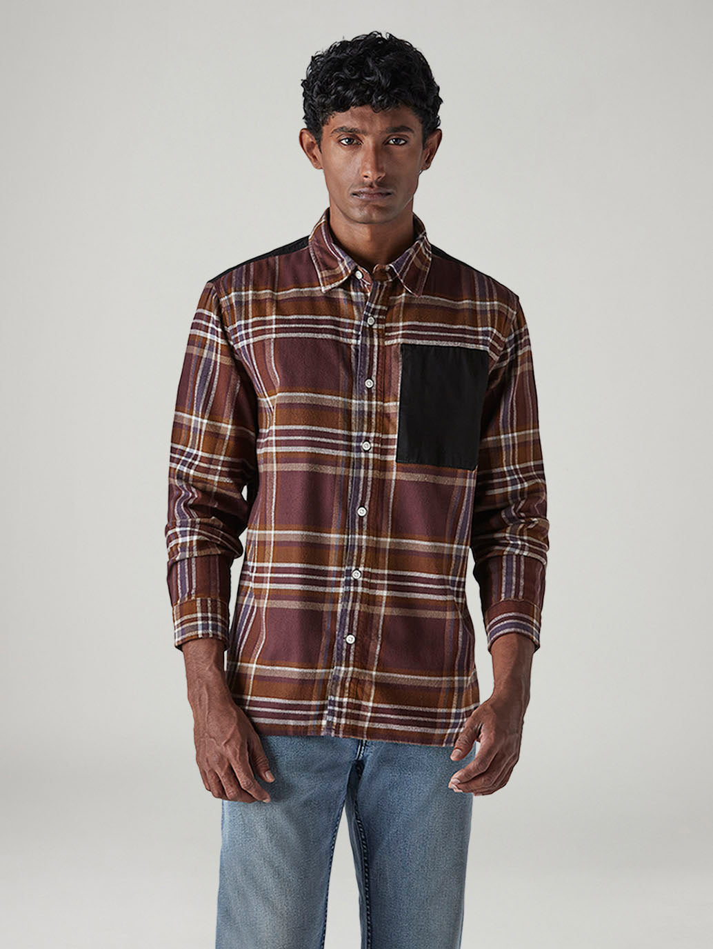 Men's Brown Checkered Relaxed Fit Utility Shirt - Front View