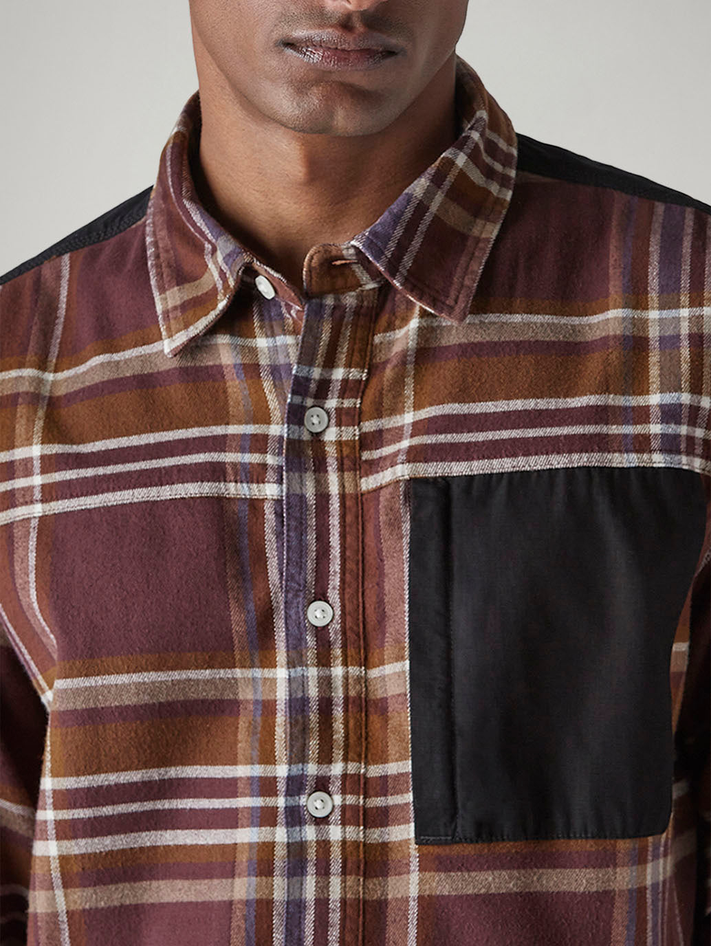 Men's Brown Checkered Relaxed Fit Utility Shirt - Detail View