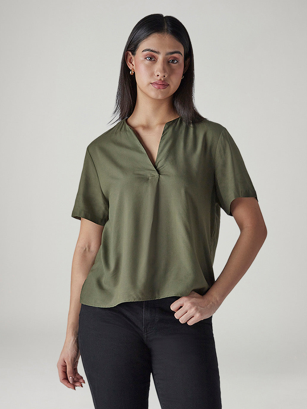 Women's Solid Olive V-Neck Poplin Top