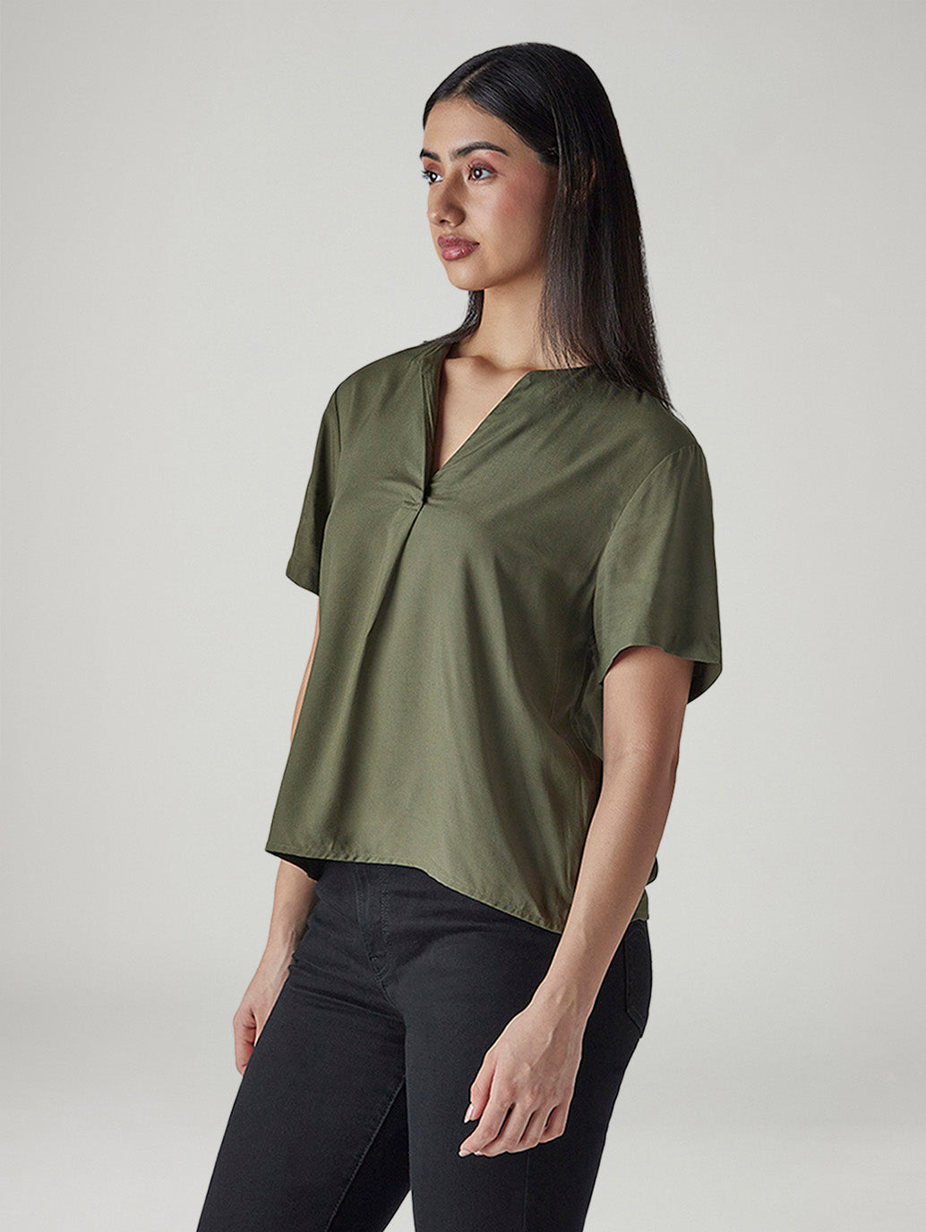 Women's Solid Olive V-Neck Poplin Top - Side View