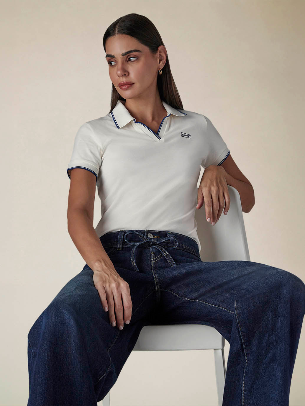 Women's Solid Off White Pique Polo T-shirt - Styleshot View