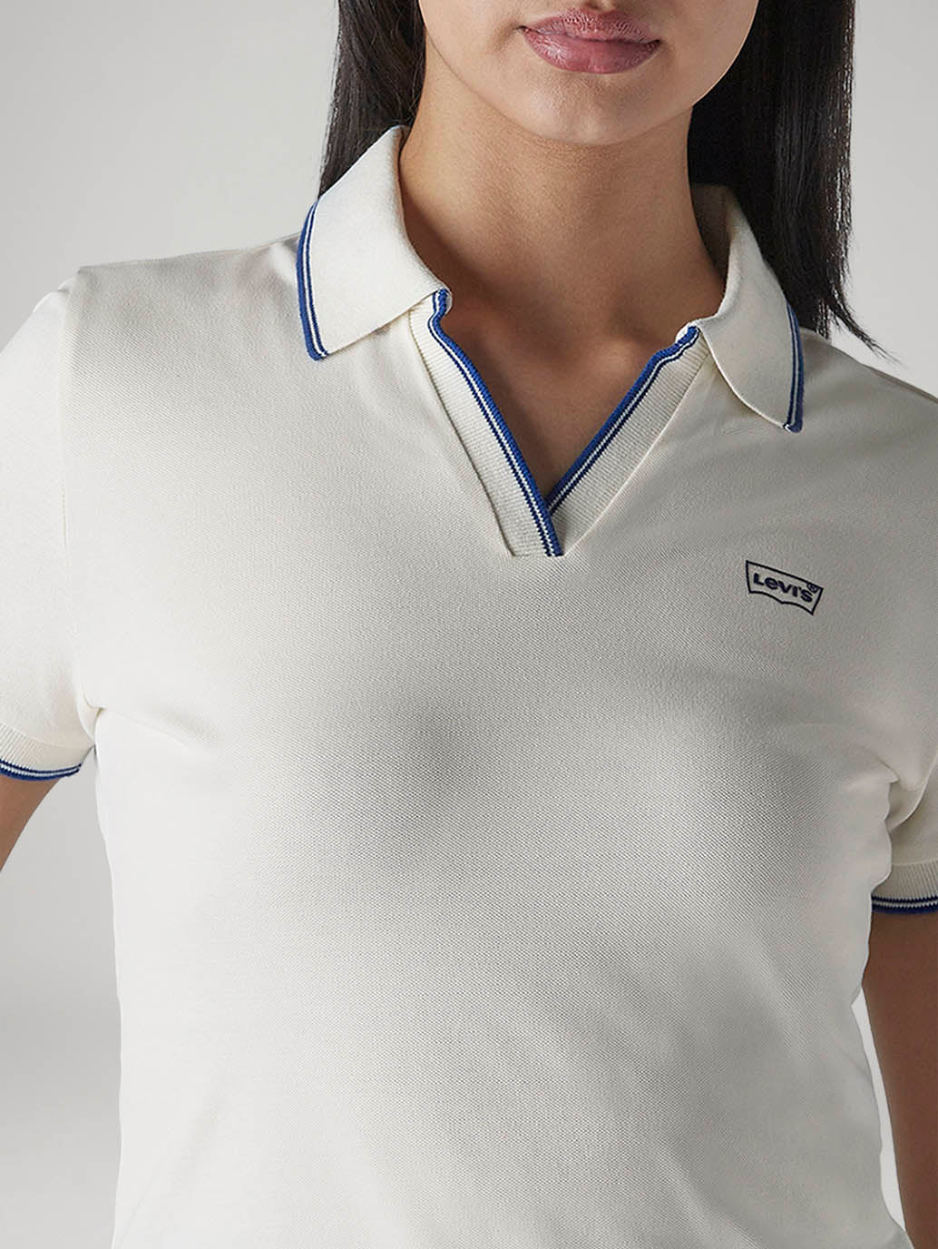 Women's Solid Off White Pique Polo T-shirt - Detail View